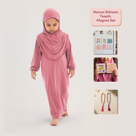 İslami Tek Parça Kız Çocuk Namaz Elbisesi - Tespih - Magnet Set