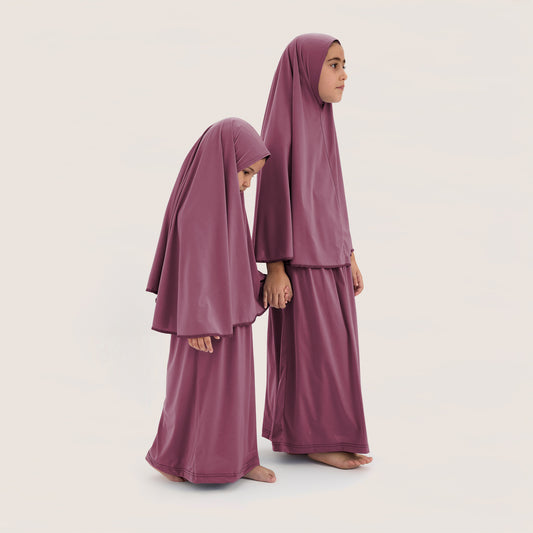 İslami İki Parça Kız Çocuk Namaz Takımı Gül kurusu