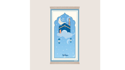 Kişiye Özel Kabe Ay Yıldız Desenli Astarlı Çocuk Seccadesi Mavi