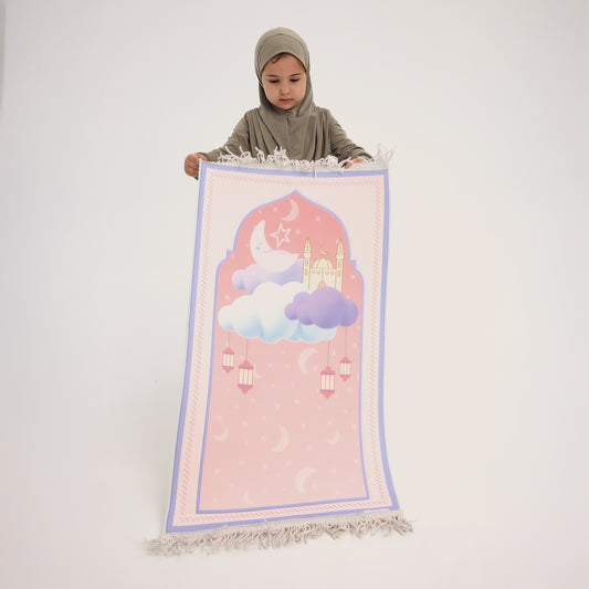 Ay Yıldızlı Cami Tasarımlı Süngerli Çocuk Seccadesi Pembe