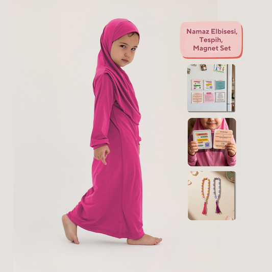 İslami Tek Parça Kız Çocuk Namaz Elbisesi - Tespih -  Magnet Set